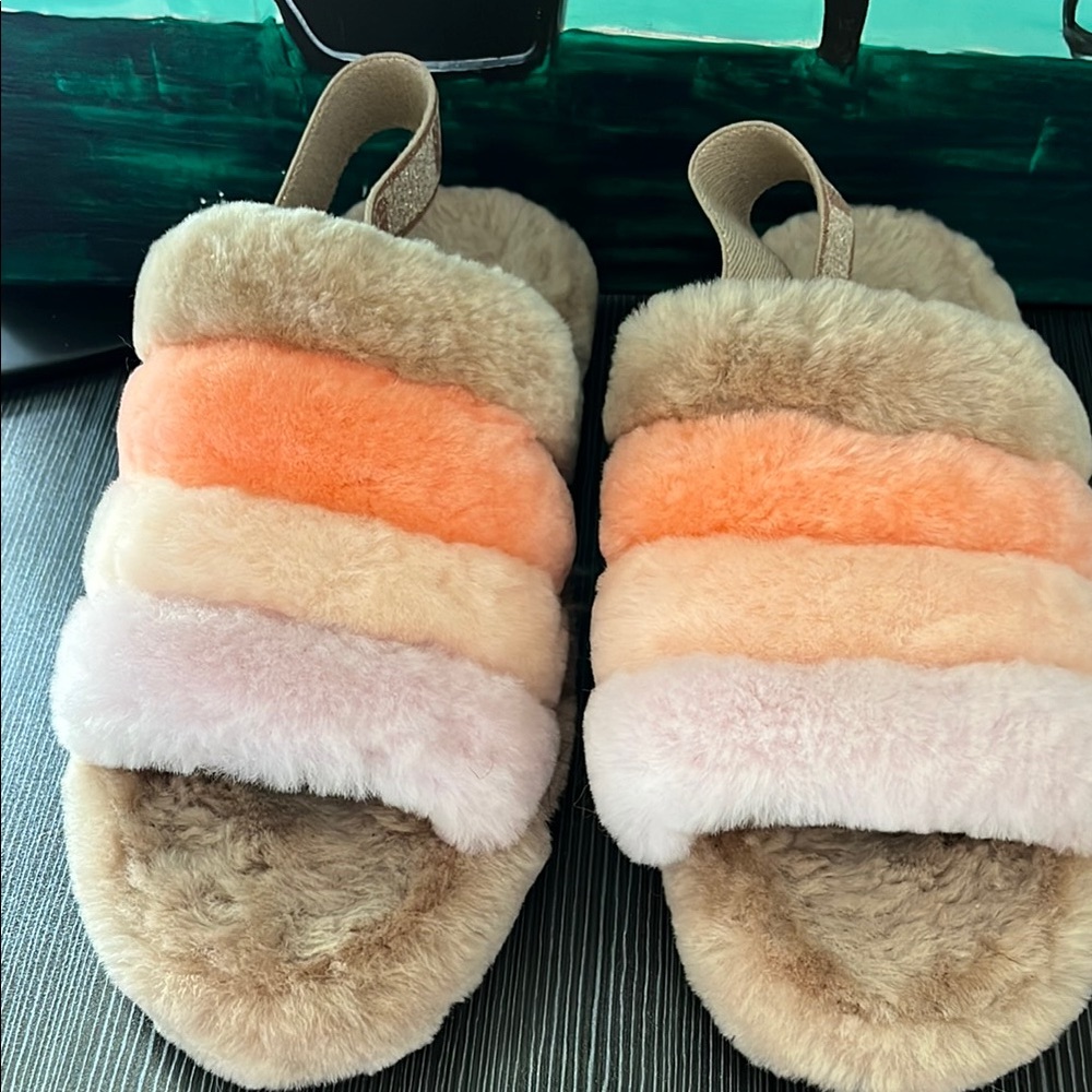UGG Tan and Orange Cozy Slippers with Fuzzy Stripes